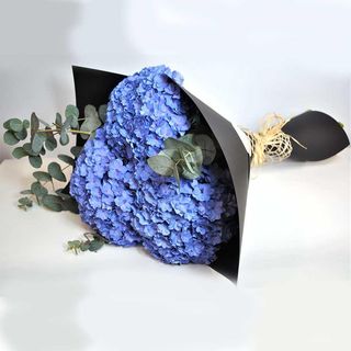 Buchet din 3 hortenzii albastru cu eucalipt decorate in hartie neagra