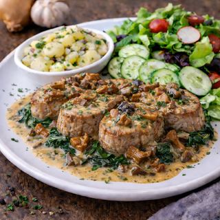 Polędwiczki wieprzowe na szpinaku w sosie z grzybów leśnych