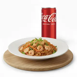 Spaghetti di riso con gamberi + Lattina Coca-Cola