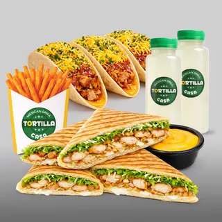 Quesadilla + takos piletina+ 2 limunade + zacinjen pomfrit