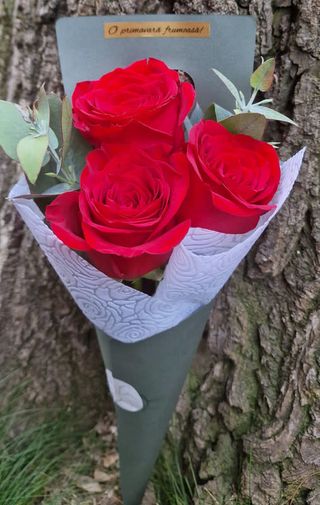 Buchet trei trandafiri roșii în ambalaj 