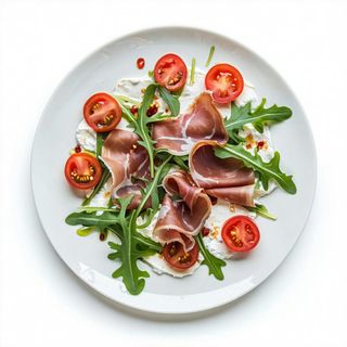 Stracciatella, prosciutto crudo di Parma, pomodoro, rucola
