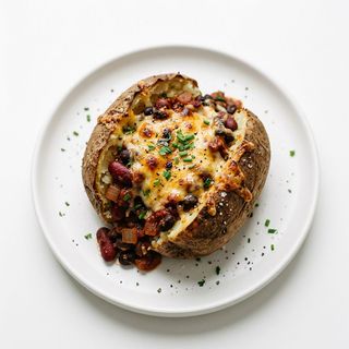 Patata al horno con alubias y queso fundido