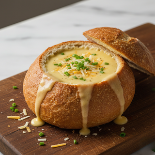 Supă cremă de cașcaval în chiflă