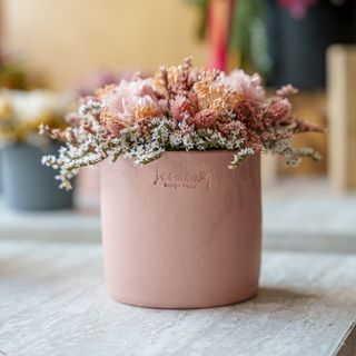 Vaso pequeno rosa com as flores preservadas rosa