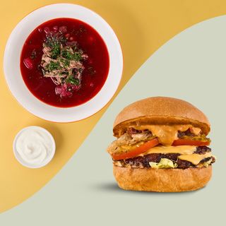 Розкішний борщ з рваною яловичиною та бургер «Олдскул»