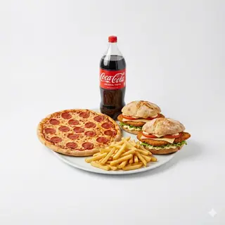 Menú 1 pizza (mediana) + 2 camperos + patatas + bebida (2 lt.)