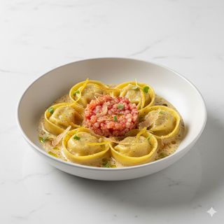 Tortelli ripieni di cacio e pepe con tartare di gambero, bottarga