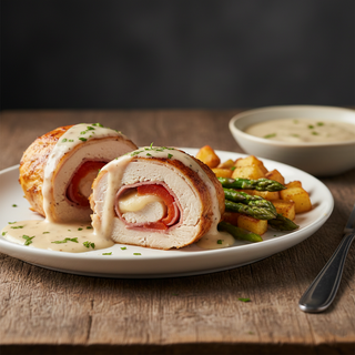 Rulou din piept de pui cu șuncă, cașcaval și ardei copt