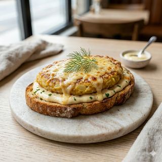 Tostada De Alioli Con Tortita De Patatas Y Queso