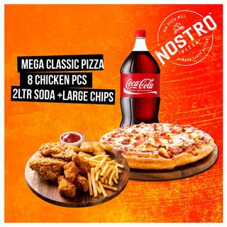 Mega Classic Pizza, 8 pc chicken, 2 ltr soda + Large chips