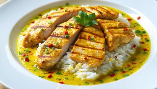 Пилешко филе в кокосово мляко и къри с чили ризото