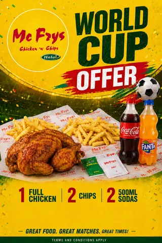 1 Full chicken , 2 chips and 2 500ml soda