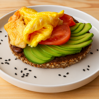 Tostada aguacate,tomate y tortilla francesa
