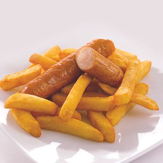 A pair of sausages with fries