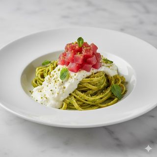 Tagliolino al pistacchio, stracciatella di burrata e tonno rosso