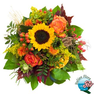 Bouquet di girasoli e rose arancio