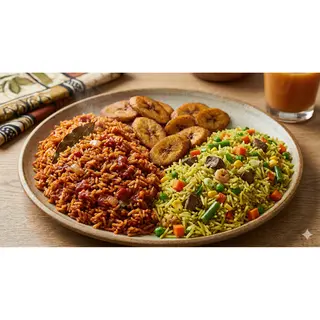 Jollof Rice & Fried Rice with 2 Beef and Plantain,