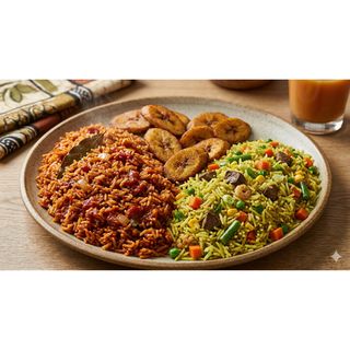 Jollof Rice & Fried Rice with 2 Beef and Plantain,