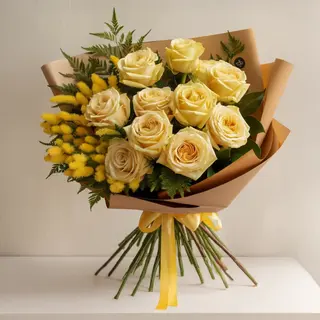 Mazzo di rose gialle con mimosa