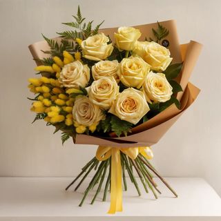 Mazzo di rose gialle con mimosa