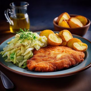 Snitel de pui cu cartofi prajiti si salata de varza