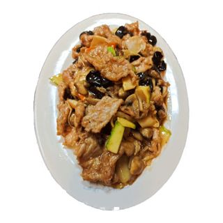 54. Пържено свинско с бамбук и гъби (700г)