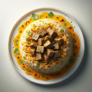 Smażony ryż z curry i mlekiem kokosowym i wołowiną