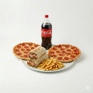 Menú 2 durum + 2 pizzas (medianas) + patatas + bebida (2 lt.)