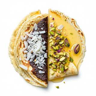 Crepes fondente, granella di pistacchio e cocco