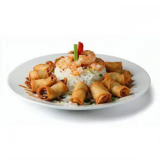 Rollo De Primavera, Arroz Frito Y Gambas Con Champiñón