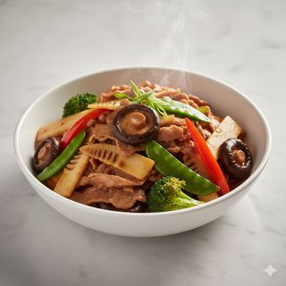 Cerdo Con Verduras O Bambú Y Setas Chinas