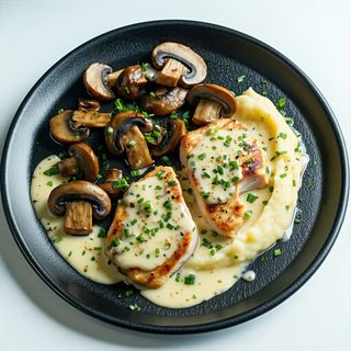 Пилешки филенца със сметана, топено сирене, гъби, картофено пюре