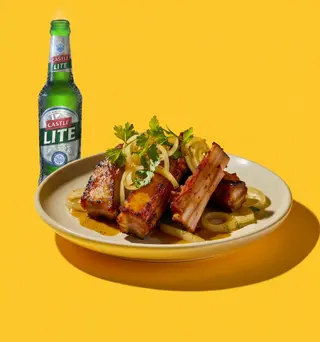 Fried Pork Ribs With Chinese Onions + Castle Lite