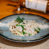 პენე კრევეტებითა და კალმარით ნაღების სოუსში/Penne with shrimp and squid in a creamy sauce