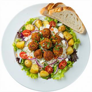 Plato Bosforos con arroz, patatas y ensalada