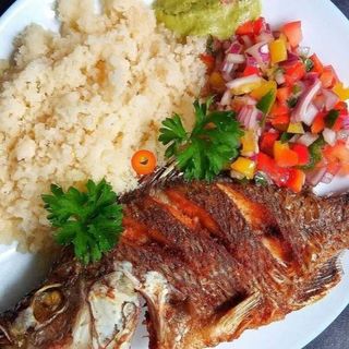 Wet Fry Tilapia, Rice and Kachumbari