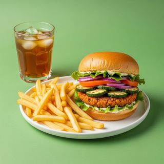 Panino con vege hamburger, pattaine e una lattina