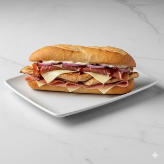 Baguete Pollo, Jamón Serrano, Queso, Cebolla, Salsa Barbacoa Y Mayonesa