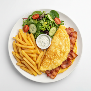 Omleta cu bacon, cartofi prajiti si salata la alegere