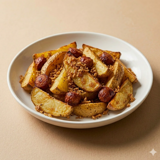 Patate fresche con buccia, wurstel fritto e granella di cipolla