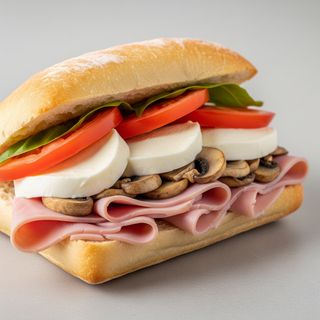 Panino pomodoro, mozzarella, prosciutto cotto e funghi