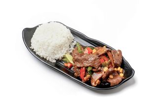 Arroz blanco con ternera salsa ostra 