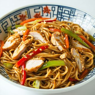 NOODLES CU PUI, LEGUME ȘI NUCĂ COAPTĂ