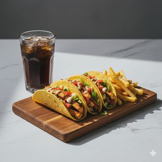 Tacos de pollo con bebida y patatas fritas