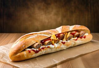 38. Panino con salsiccia di maiale, patatine, ketchup e maionese