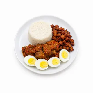 White Rice + Sauce + Beef + Eggs + Plantain