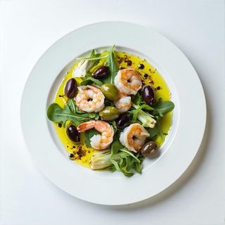 I1 – Lattuga, rucola, gamberi, carciofini sott’olio , olive taggiasche