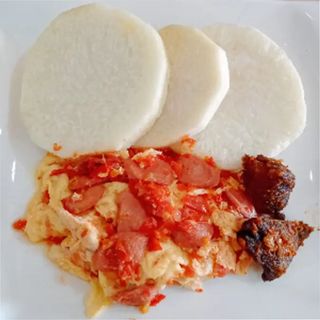 Boiled Yam + Egg Sauce  + Diced Sausages + 2 Beef
