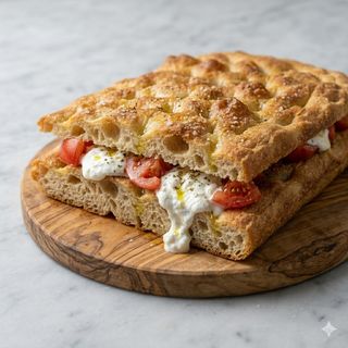 Schiacciata alla pala con pomodoro fresco e burrata con olio extravergine sale